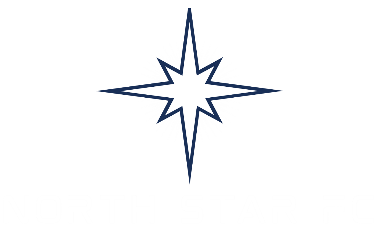 A logo for "NORTH STAR FC" featuring a white eight-pointed compass star outlined in dark blue. Behind the star is a white radiant burst effect. The text "NORTH STAR FC" appears below in a white, bold, modern, and blocky font. The entire image is set against a black background.