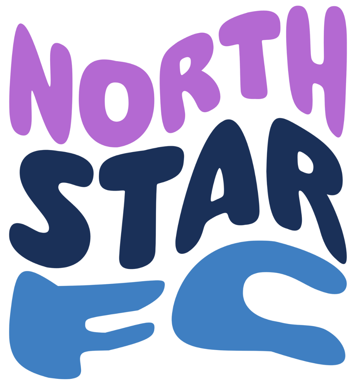 Graphic text reading "NORTH STAR FC" in a chunky, bubbly hand-drawn font stacked vertically. "NORTH" is in lavender, "STAR" is in navy blue, and "FC" is in sky blue, all set against a solid black background.