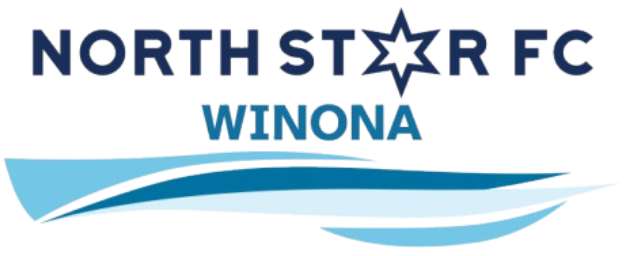 A logo for North Star FC Winona. The top line features the words "NORTH STAR FC" in navy blue, with a six-pointed star in place of the letter "A" in "STAR". Below this, the word "WINONA" is displayed in a medium blue. At the base of the logo are three overlapping, stylized wavy lines in different shades of blue.