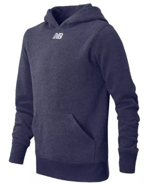 A navy blue New Balance pullover hoodie featuring a white logo on the chest and a front kangaroo pocket.