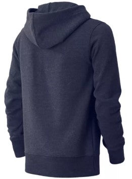 Back view of a navy blue zip-up hoodie with ribbed cuffs and hem.