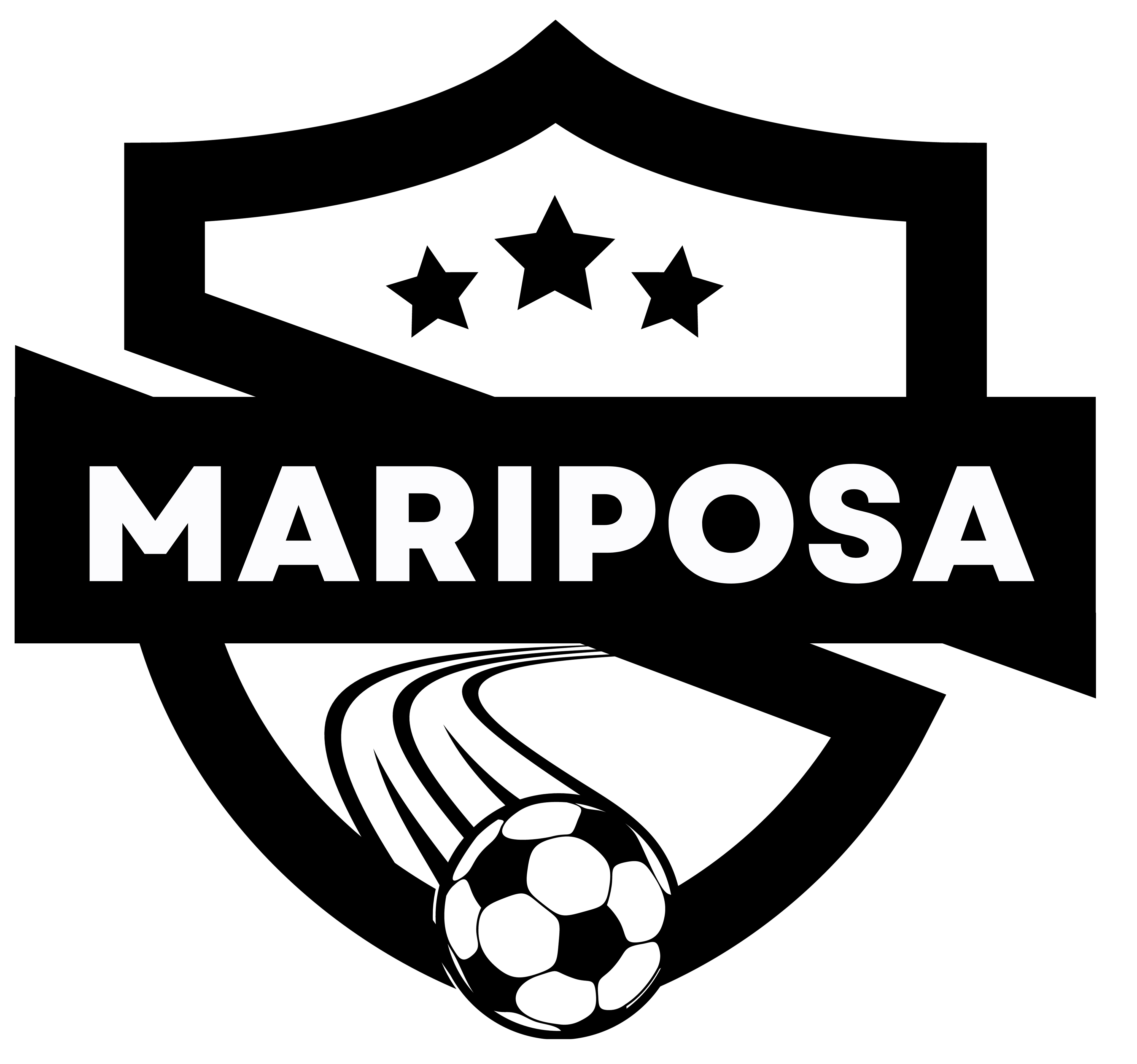 White text reading "MARIPOSA" above a white soccer ball graphic on a solid black background.