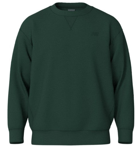 Dark green long-sleeve crewneck sweatshirt featuring a V-stitch at the neckline, ribbed cuffs and hem, and a small tonal logo on the upper left chest.