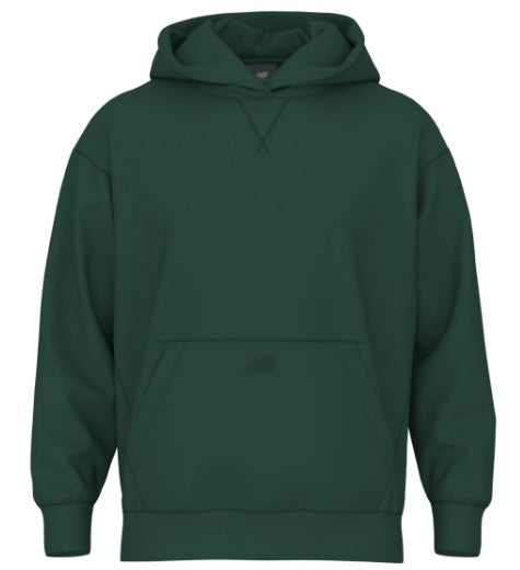 A dark green New Balance pullover hoodie with a front kangaroo pocket and tonal logo.