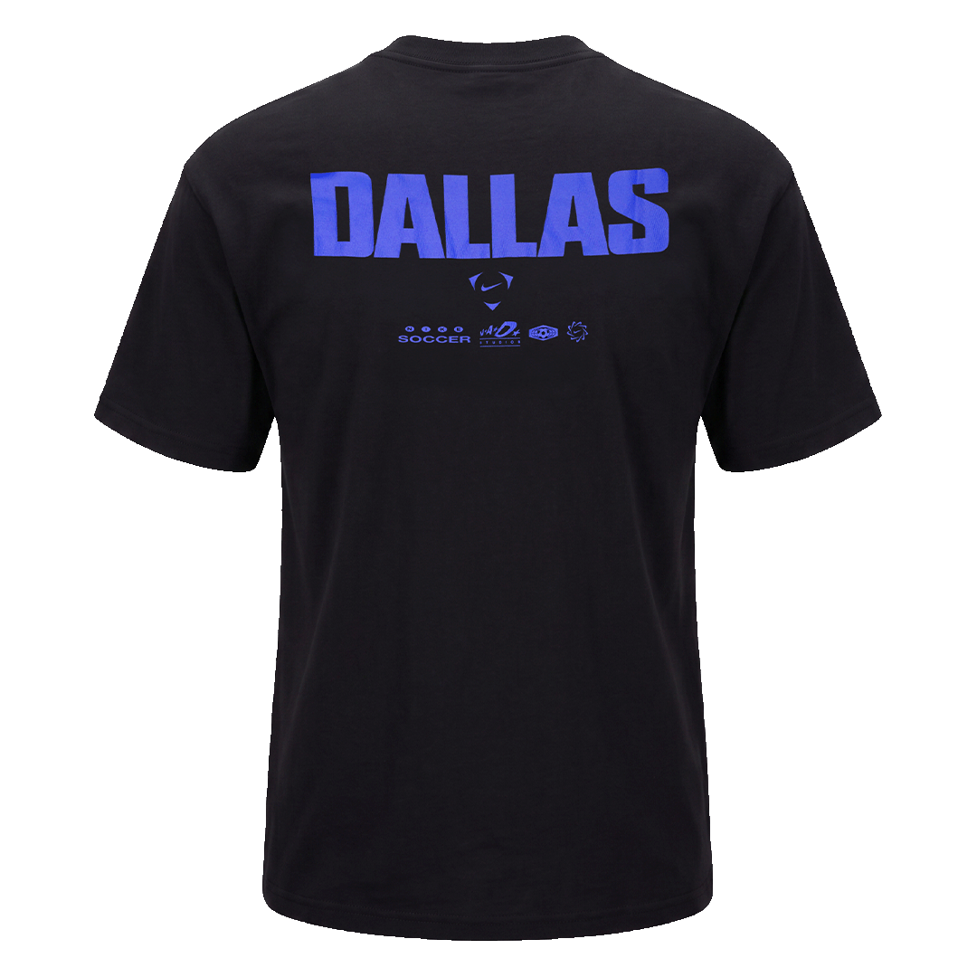 The back of a black t-shirt featuring 'DALLAS' in large blue block letters above several smaller blue logos, including Nike Soccer.