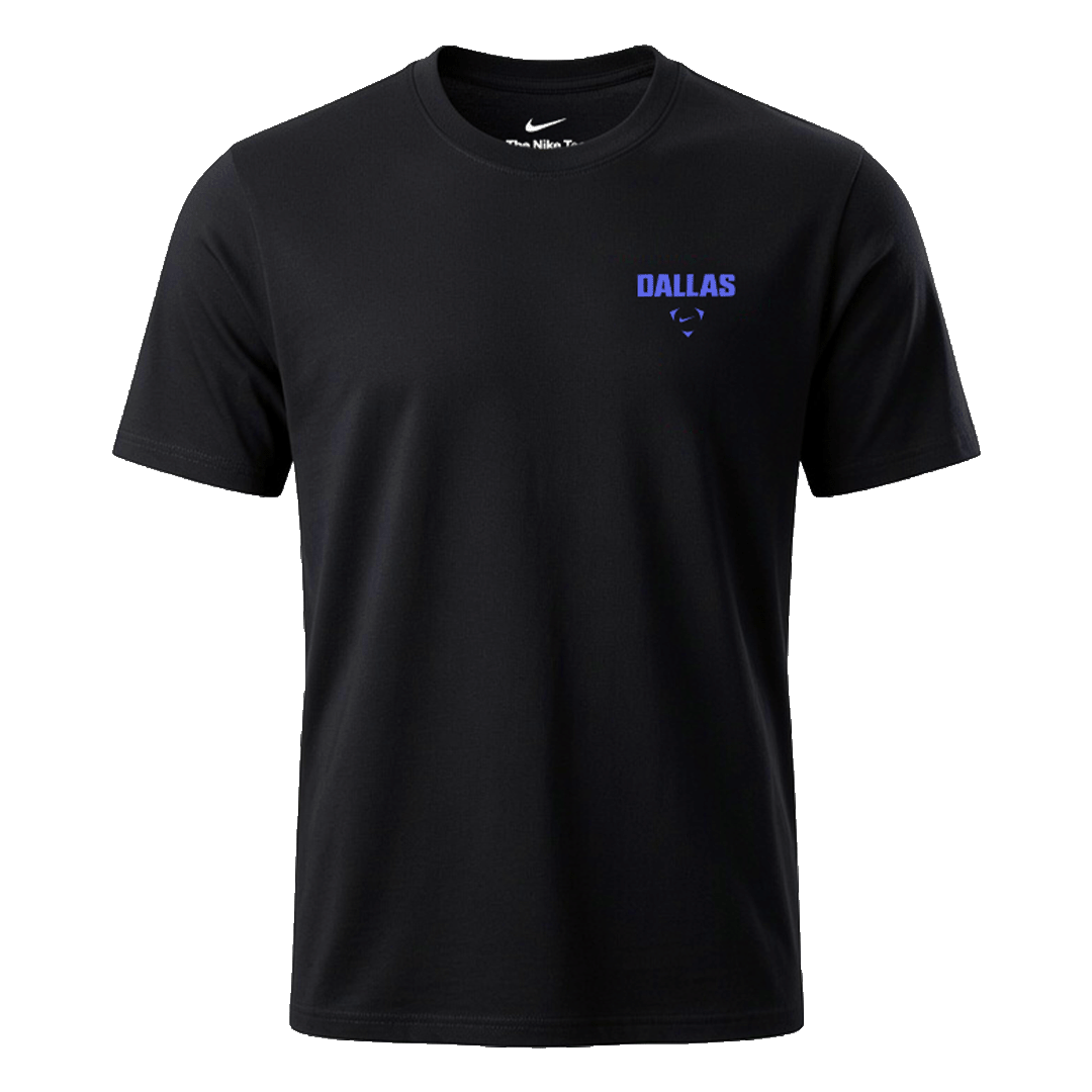 Black short-sleeved Nike t-shirt with "DALLAS" and a small logo printed in light blue on the left chest.