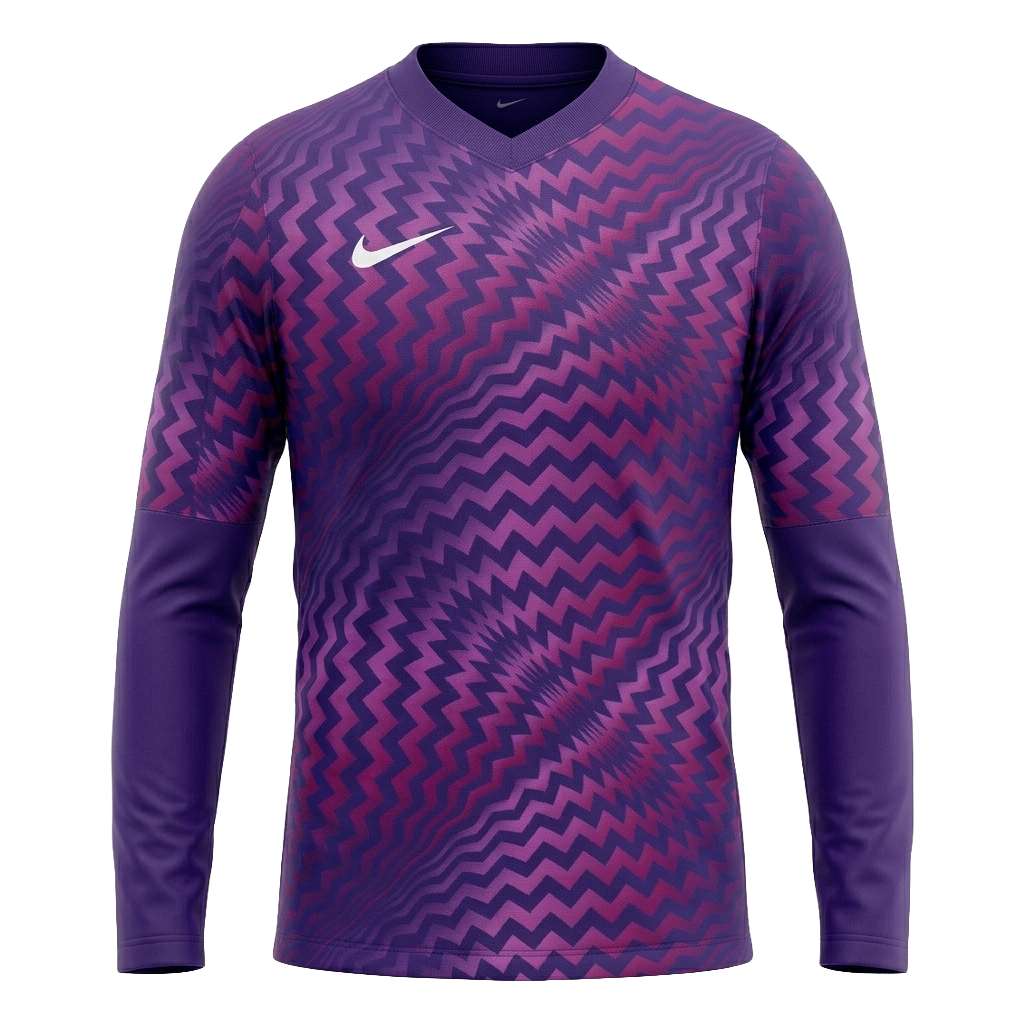 Purple Nike long-sleeve jersey featuring a pink and purple zigzag pattern across the torso. It has solid purple lower sleeves and a white Nike swoosh on the chest.