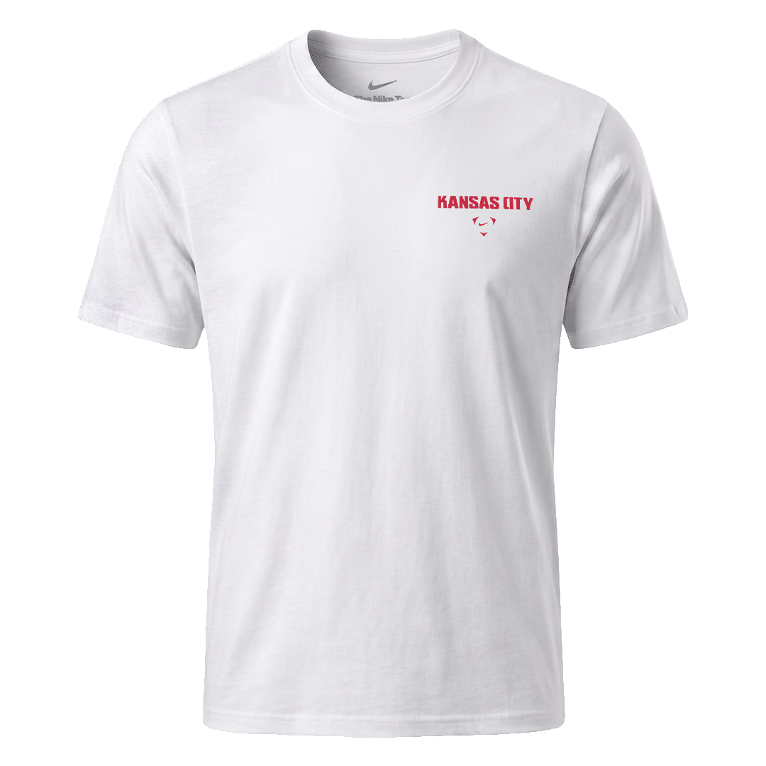 A white Nike short-sleeve t-shirt with "KANSAS CITY" and a red arrowhead logo printed on the upper left chest.