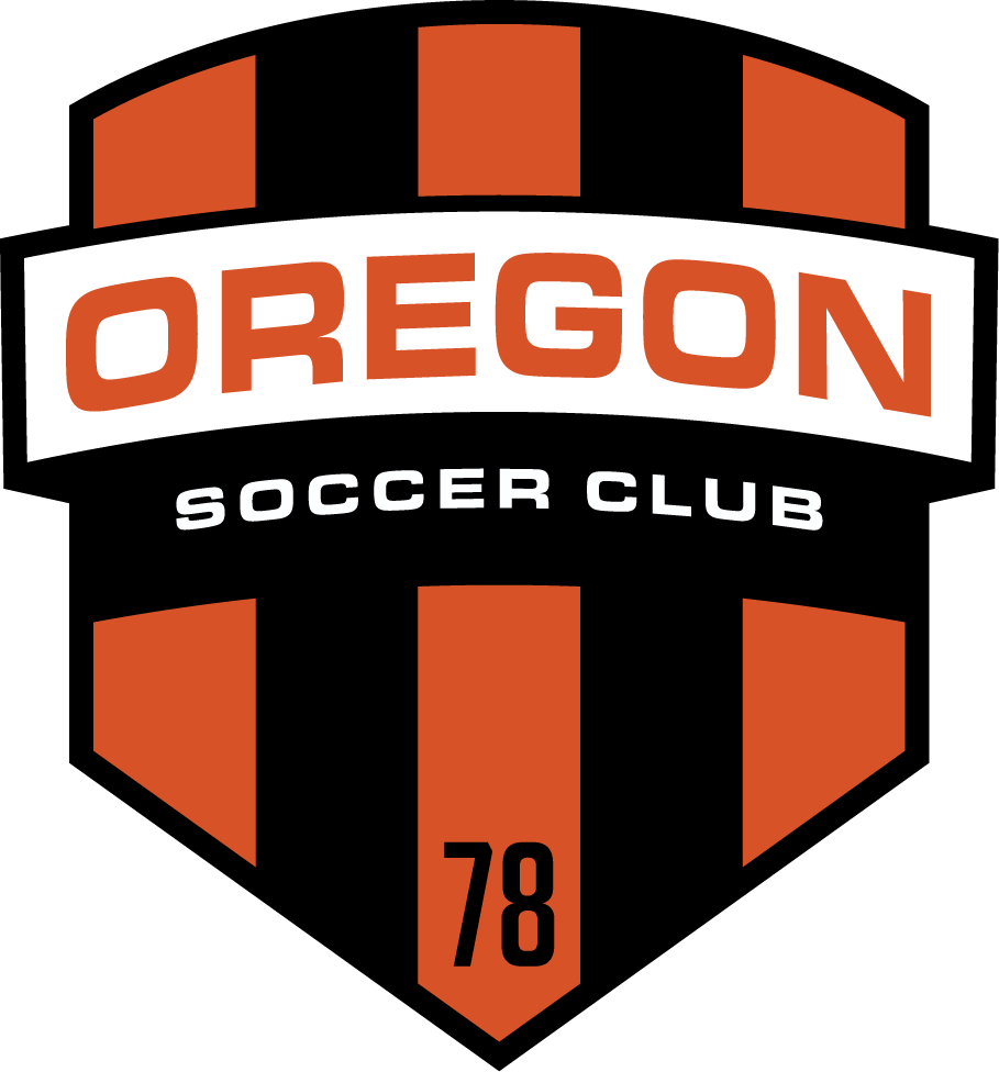 Oregon Soccer Club shield logo with orange and black stripes. Features a white banner with "OREGON", "SOCCER CLUB" below, and the number "78" at the bottom point.