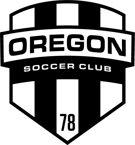 Shield-shaped logo for Oregon Soccer Club in black and white vertical stripes. 'OREGON' is in a bold central banner, with 'SOCCER CLUB' below and '78' at the bottom point.