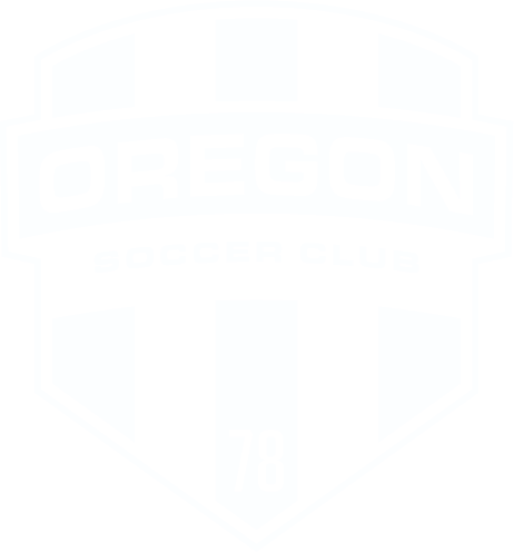 Black and white shield-shaped logo for Oregon Soccer Club featuring vertical stripes, a central banner with "OREGON," and "SOCCER CLUB" and "78" below.