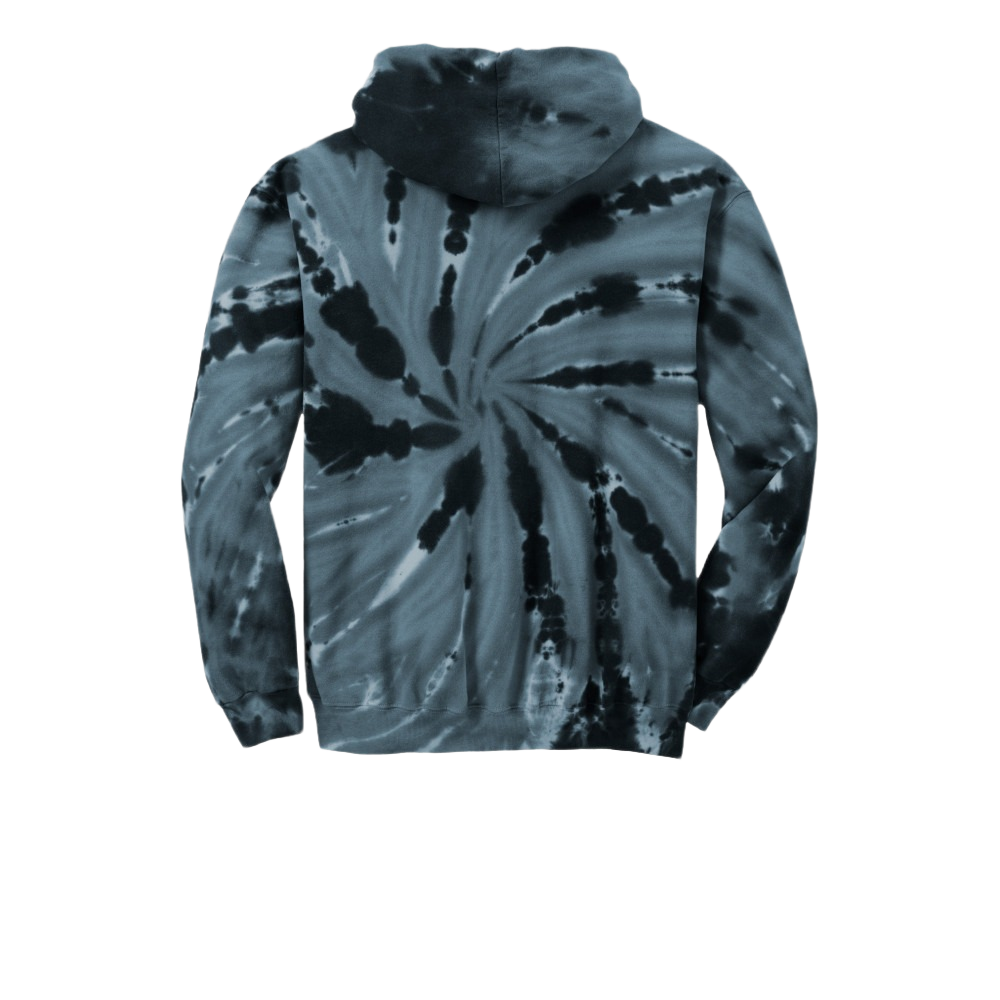 A back view of a hoodie featuring a dark grey and black spiral tie-dye pattern.