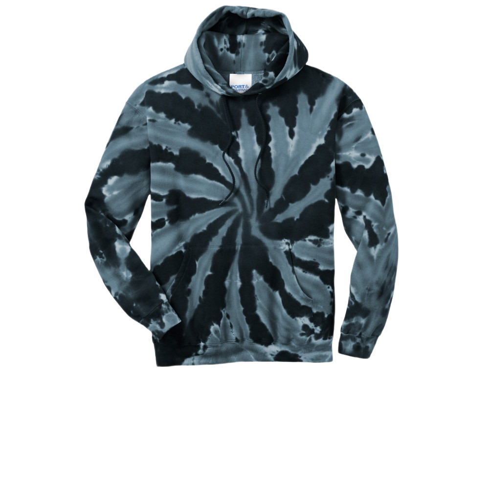 A long-sleeved hooded sweatshirt featuring a grey and black spiral tie-dye pattern, drawstrings, and a front pouch pocket.