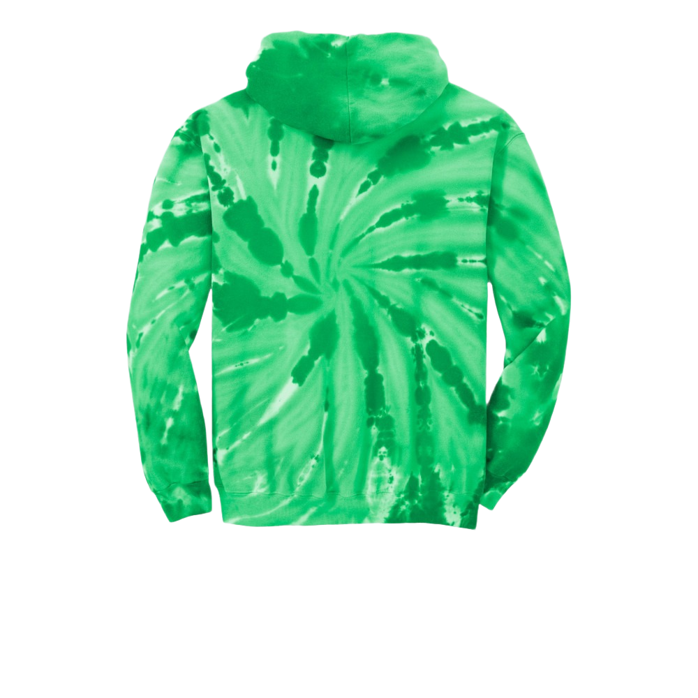 Back view of a hooded sweatshirt featuring a green and white spiral tie-dye pattern.