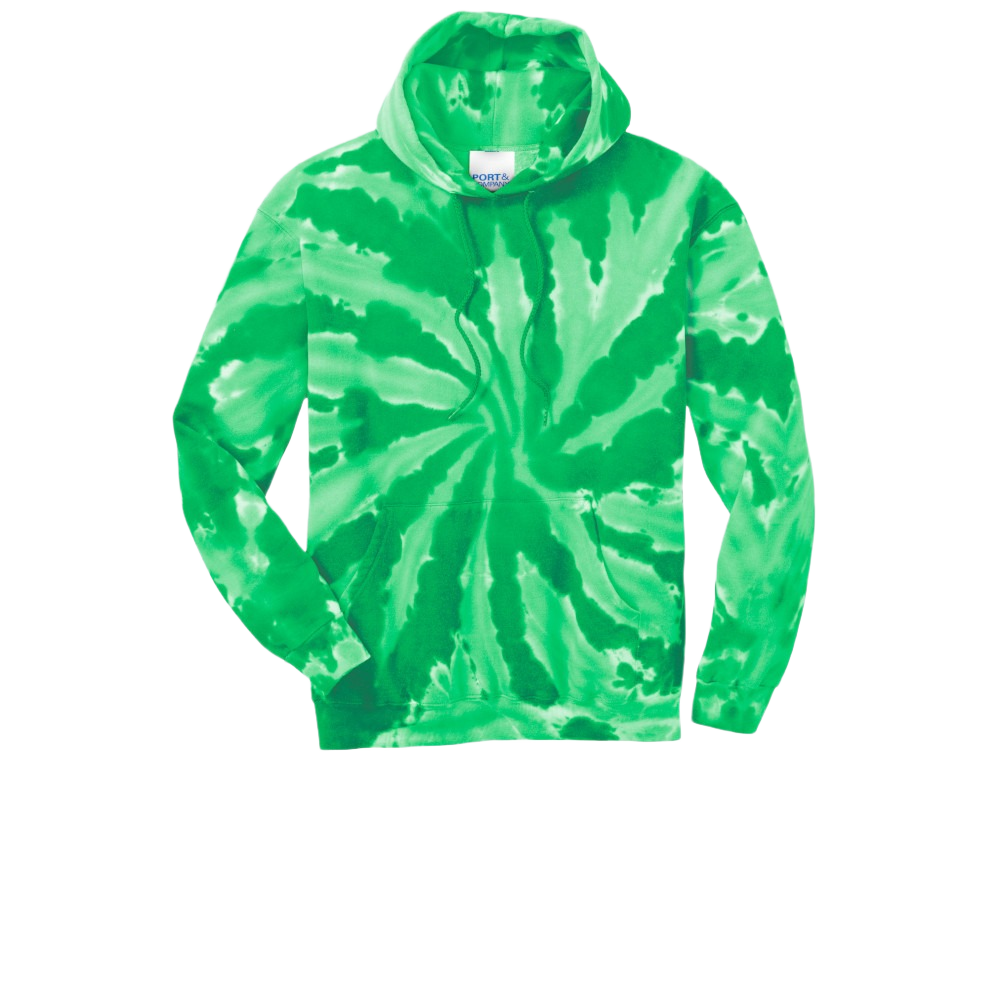 Green tie-dye hoodie with a spiral pattern, drawstring hood, and front kangaroo pocket against a white background.