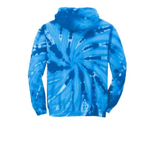 Back view of a blue tie-dye pullover hoodie with a spiral pattern.