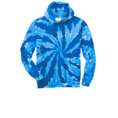 A blue spiral tie-dye hoodie with a kangaroo pocket and drawstring hood.