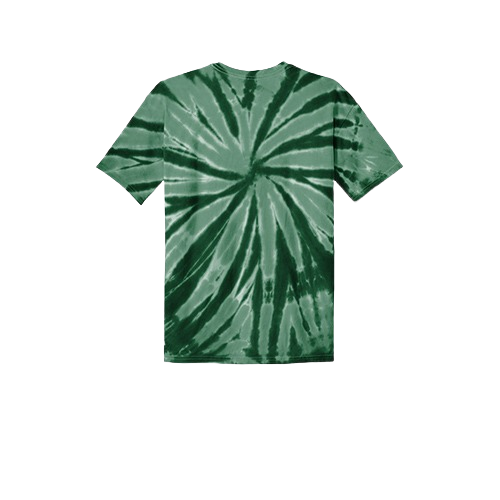 A short-sleeved green spiral tie-dye t-shirt with dark and light green radiating stripes.