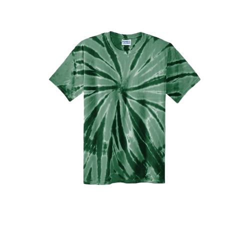 Green tie-dye t-shirt with a spiral pattern in shades of forest and sage green on a white background.