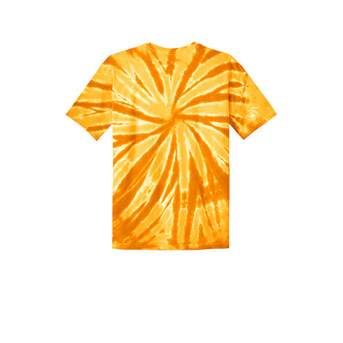 A short-sleeved t-shirt featuring a vibrant orange and yellow spiral tie-dye pattern, centered on a plain white background.