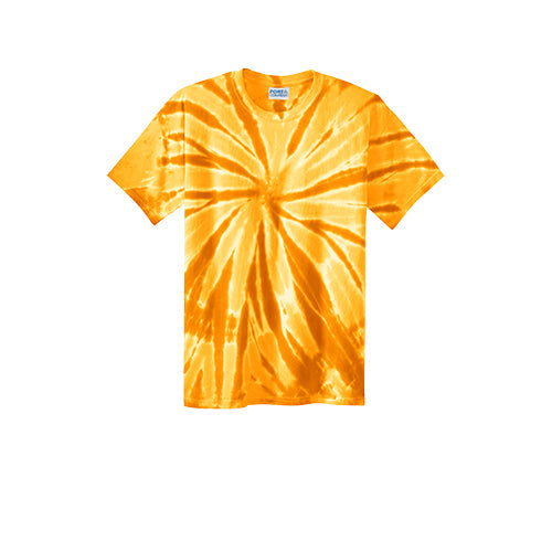 A short-sleeved t-shirt with a vibrant yellow and orange spiral tie-dye pattern.