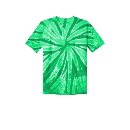 A bright green short-sleeve t-shirt with a spiral tie-dye pattern in shades of lime and emerald green.