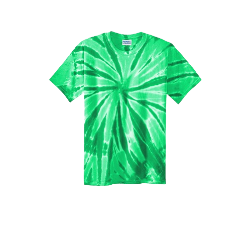 Short-sleeved t-shirt with a vibrant green spiral tie-dye pattern.
