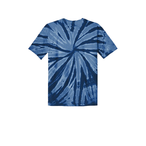 A short-sleeved t-shirt featuring a dark blue and light blue spiral tie-dye pattern.
