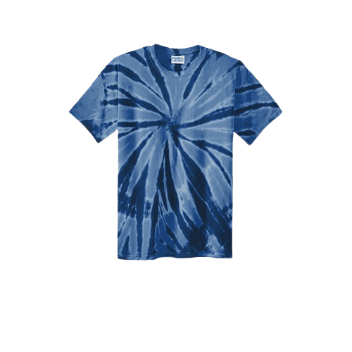A short-sleeved blue tie-dye t-shirt featuring a spiral pattern in various shades of indigo and light blue.