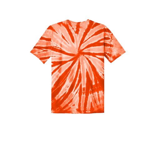 A short-sleeved t-shirt featuring a vibrant orange and light peach spiral tie-dye pattern on a white background.