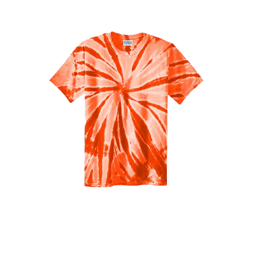 A short-sleeved t-shirt featuring a vibrant orange and white spiral tie-dye pattern radiating from the center chest, set against a plain white background.