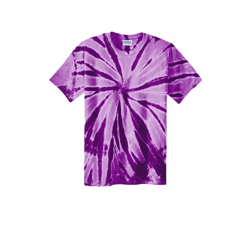 A short-sleeved t-shirt featuring a vibrant purple and light purple spiral tie-dye pattern.