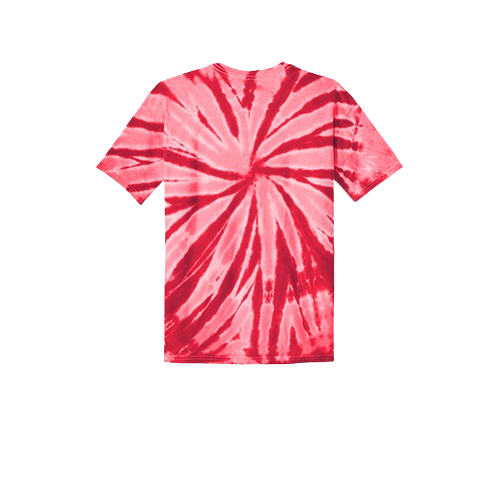 Red and pink tie-dye t-shirt featuring a spiral pattern emanating from the center. View of the back of the shirt against a plain white background.