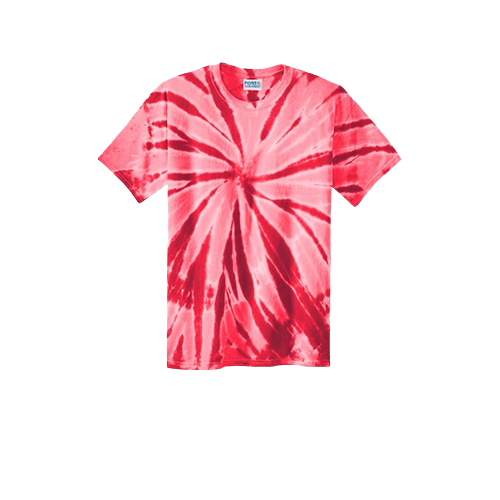 Short-sleeve crew neck t-shirt with a vibrant red and light pink spiral tie-dye pattern.