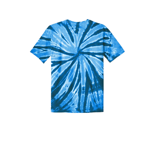 A short-sleeved t-shirt featuring a vibrant blue spiral tie-dye pattern.