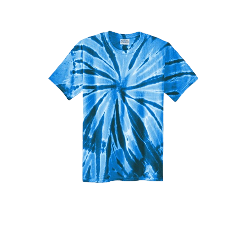 A short-sleeved t-shirt featuring a blue and white spiral tie-dye pattern.