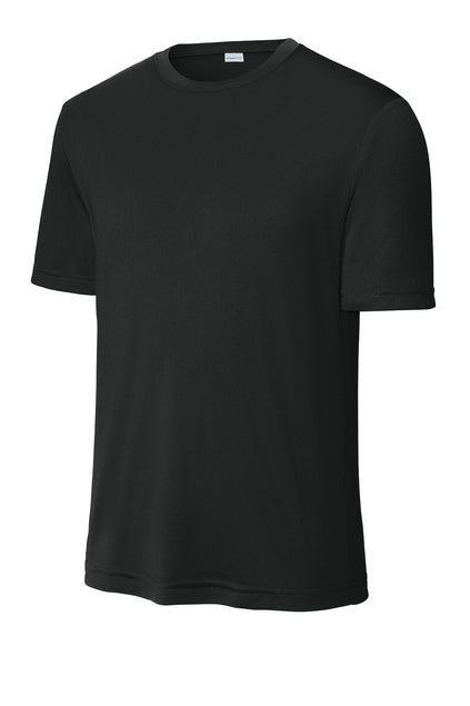 A plain black short-sleeved crew neck t-shirt shown against a white background.