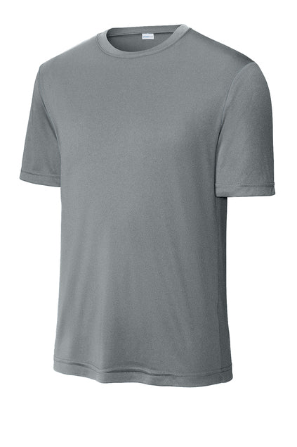 A plain, grey, short-sleeved crew neck t-shirt shown against a white background.