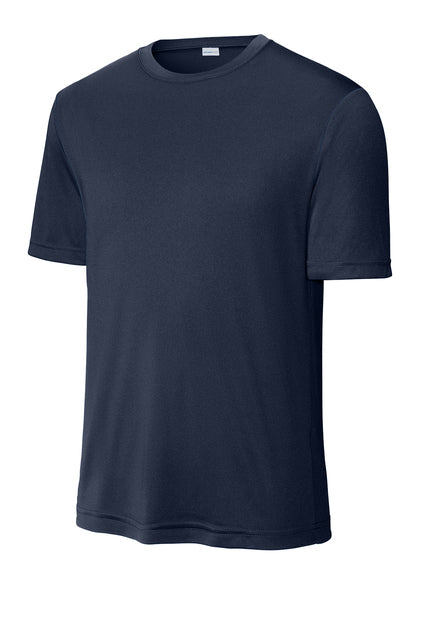 A short-sleeved navy blue crew-neck performance t-shirt displayed against a plain white background.