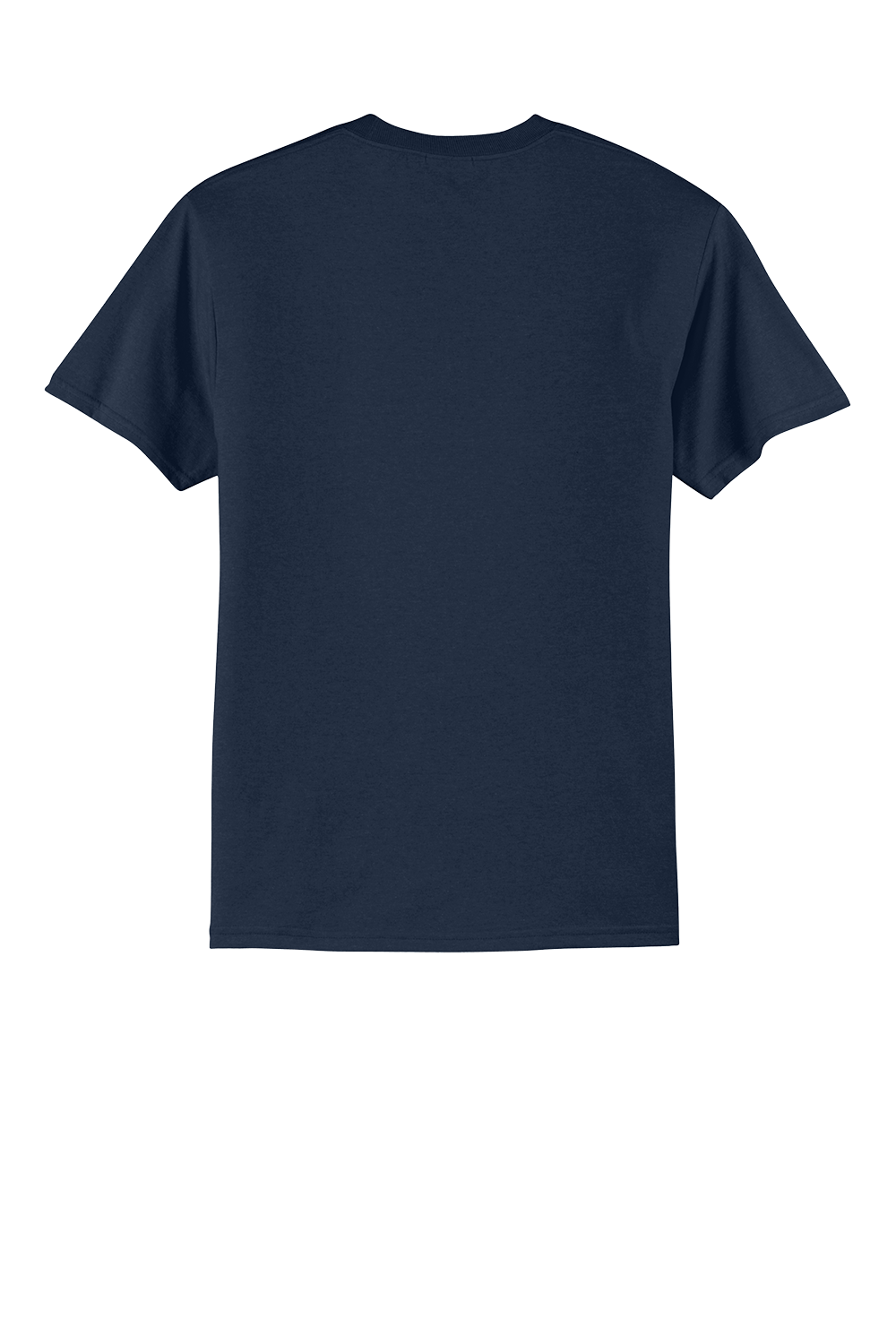 Rear view of a plain, navy blue, short-sleeved t-shirt shown against a white background with faint vertical gray lines.