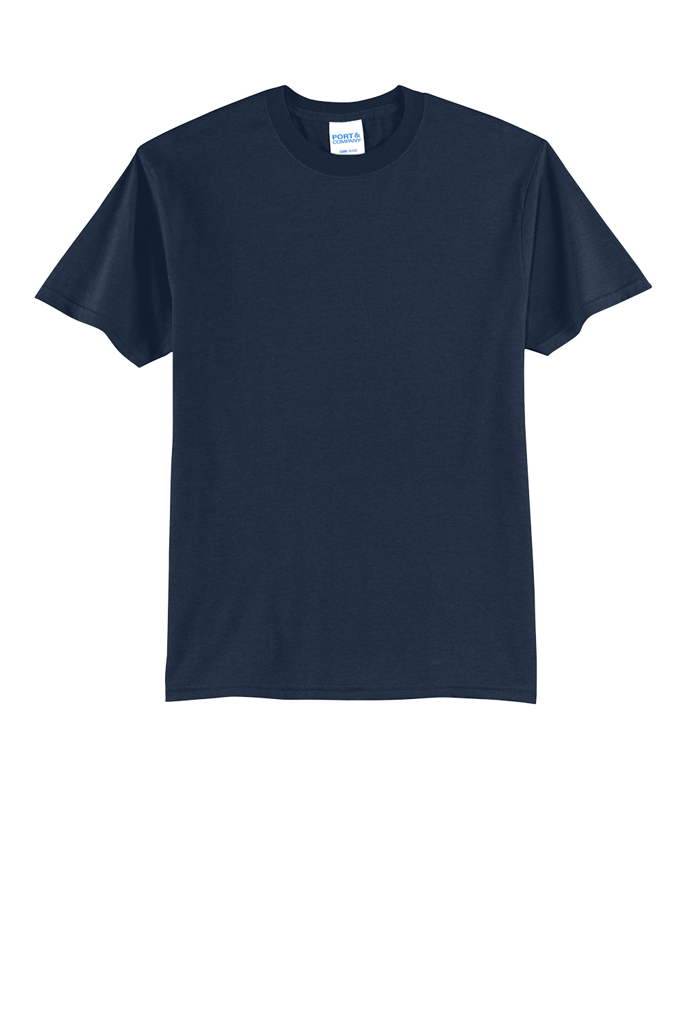 A plain navy blue short-sleeved t-shirt with a white Port & Company brand tag in the collar.