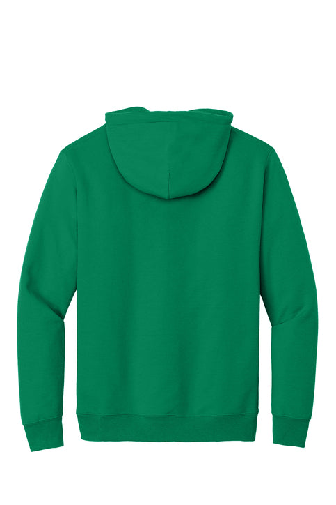 Back view of a plain, bright green long-sleeved hoodie with a hood and ribbed cuffs, set against a solid white background.