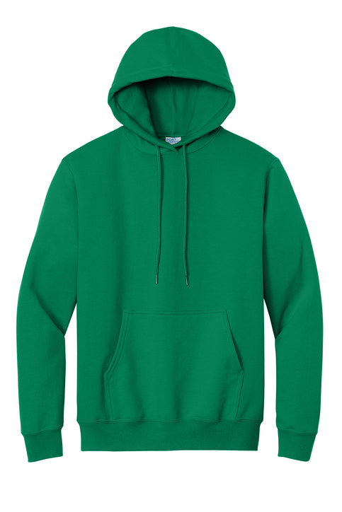 A vibrant green pullover hoodie with a front kangaroo pocket and drawstring hood, shown on a plain white background.