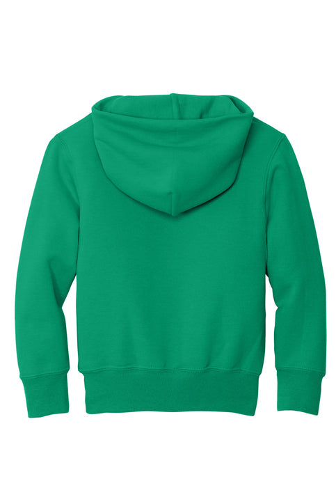Rear view of a bright green long-sleeved hoodie with ribbed cuffs and hem, isolated on white.