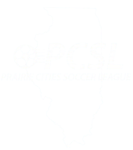 Logo for Prairie Cities Soccer League (PCSL) featuring an outline of Illinois, a speeding soccer ball, and the league name in white on a black background.