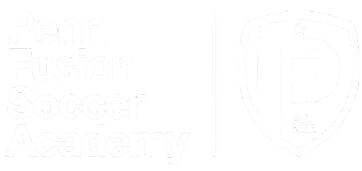 Penn Fusion Soccer Academy logo in white, featuring the academy name in stacked text next to a shield crest with a central "P", a star, and "est. 2009".