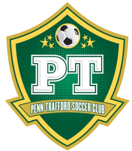 Green and gold shield logo for Penn-Trafford Soccer Club with a soccer ball, gold stars, large white 'PT' letters, and the club name on a banner.