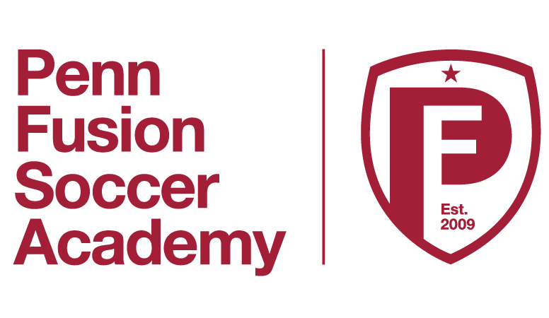 Logo for Penn Fusion Soccer Academy with dark red text and a shield icon featuring a stylized "P" and "F", a star, and "Est. 2009".