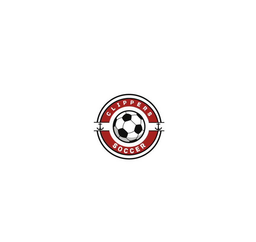 Circular Clippers Soccer logo with a soccer ball in the center of a red ring, white text, and anchor icons on the left and right.