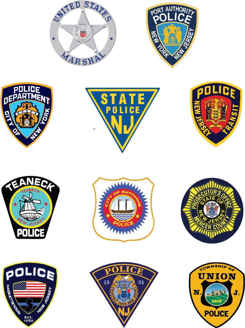 Collage of eleven police and law enforcement patches from New York and New Jersey agencies, including the NYPD, New Jersey State Police, and U.S. Marshals.